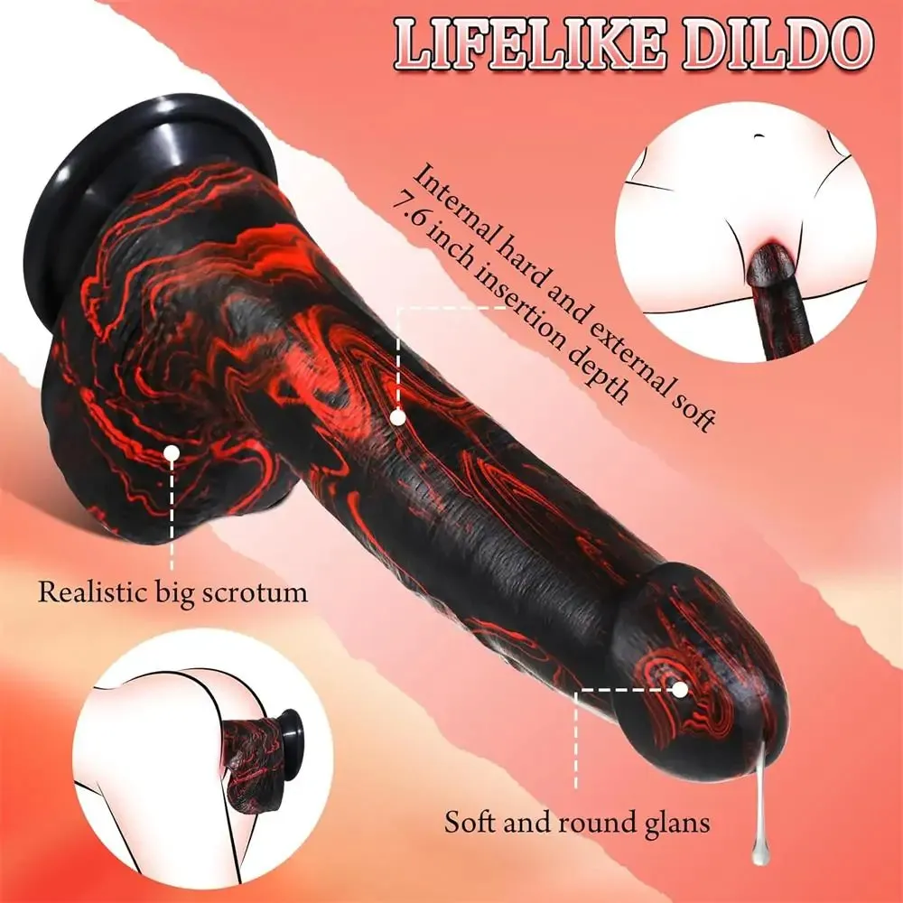 9.5” Black and Red Striped Thick Realistic Vibrating Thrusting Dildo