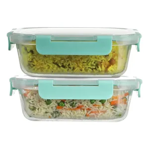 Amazon Brand - Solimo Multipurpose Glass Containers/Lunch Boxes for Office with Break-free, Detachable Locks, Airtight, Leakproof, Microwave-Safe, Freezer-Safe, Set of 2, Rectangle (370 ml each)