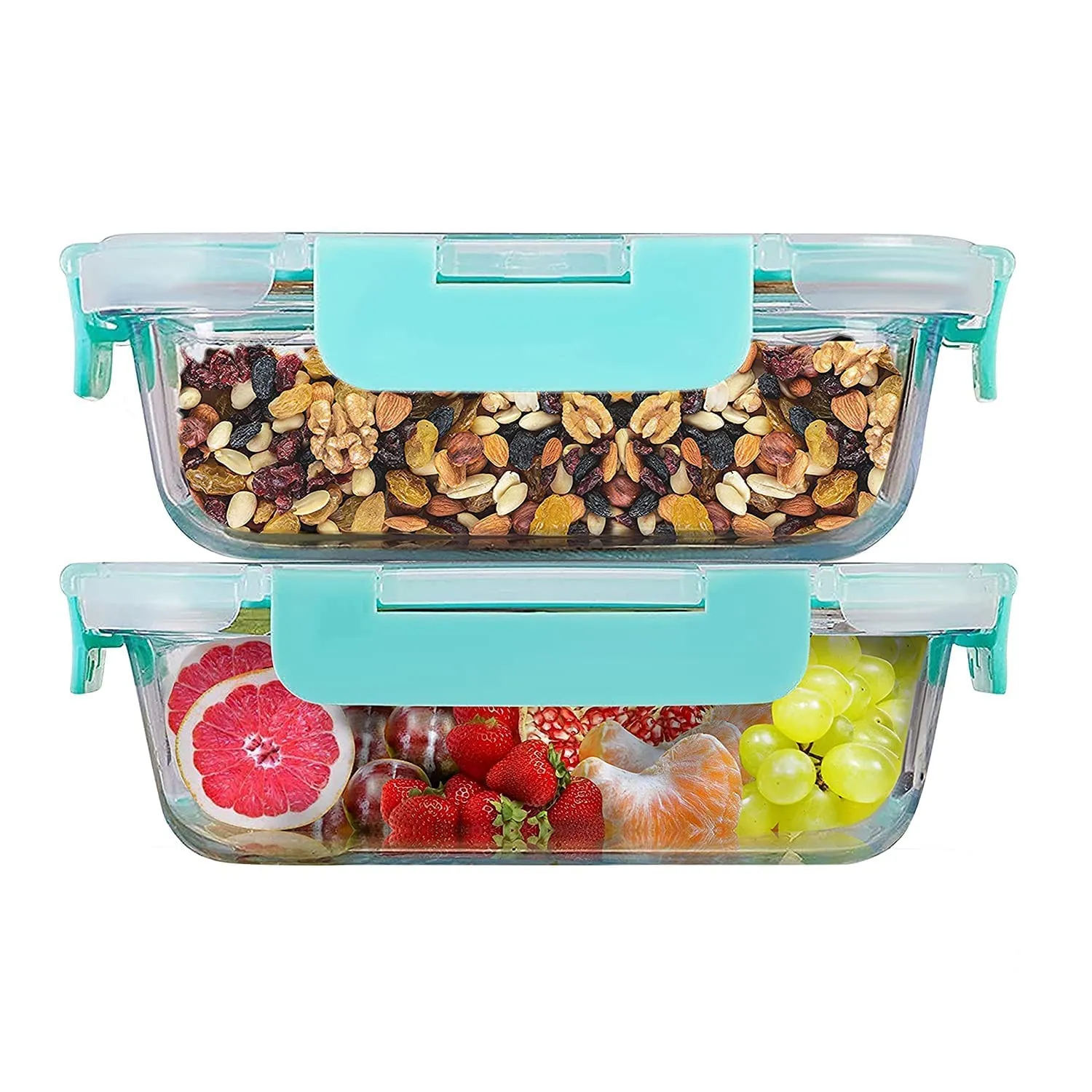 Amazon Brand - Solimo Multipurpose Glass Containers/Lunch Boxes for Office with Break-free, Detachable Locks, Airtight, Leakproof, Microwave-Safe, Freezer-Safe, Set of 2, Rectangle (370 ml each)