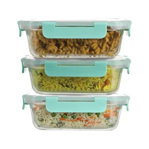 Amazon Brand - Solimo Multipurpose Glass Containers/Lunch Boxes for Office with Break-Free,Detachable Locks,Airtight,Leakproof,Microwave-Safe,Freezer-Safe,Set of 3,Rectangle(370 Ml Each),Transparent