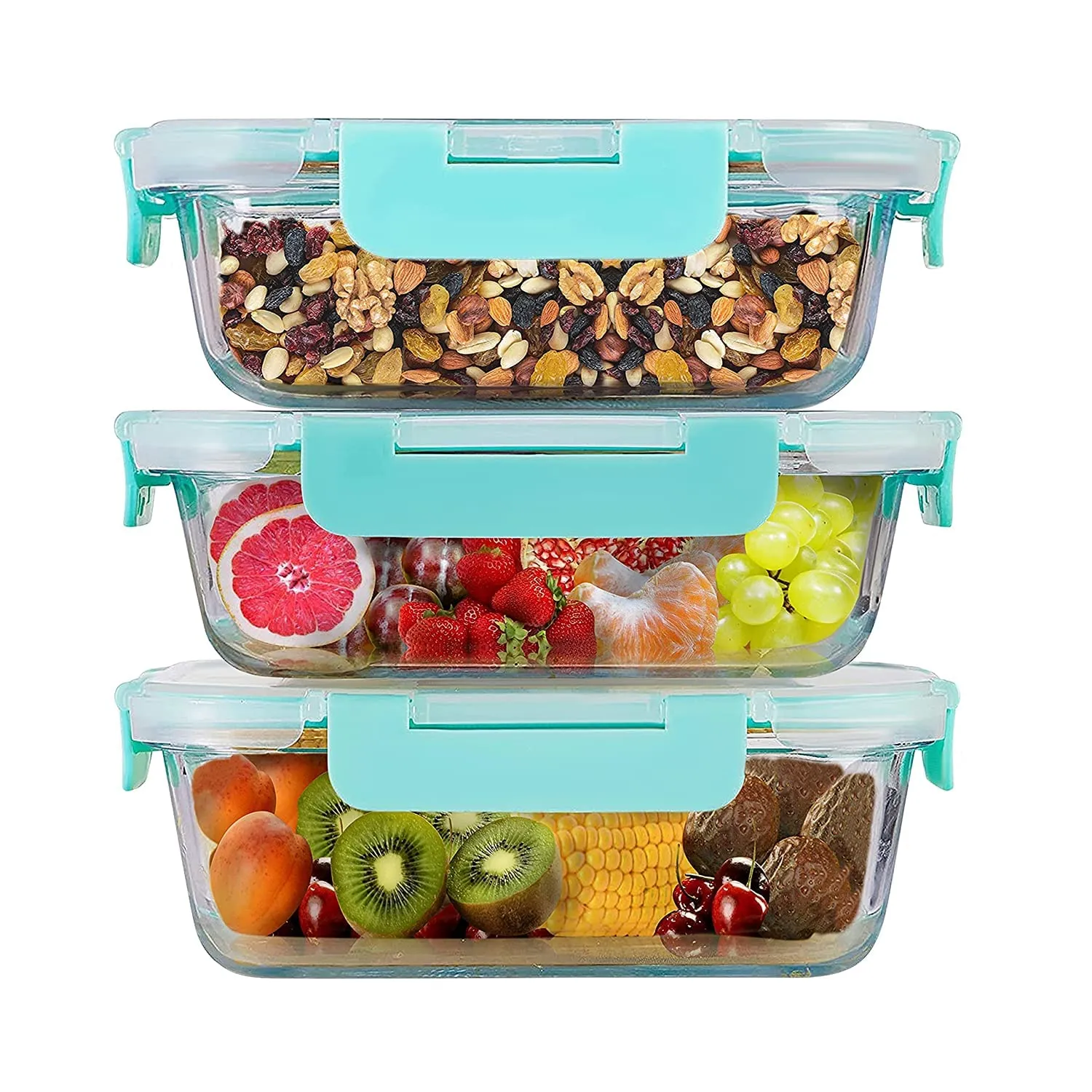 Amazon Brand - Solimo Multipurpose Glass Containers/Lunch Boxes for Office with Break-Free,Detachable Locks,Airtight,Leakproof,Microwave-Safe,Freezer-Safe,Set of 3,Rectangle(370 Ml Each),Transparent