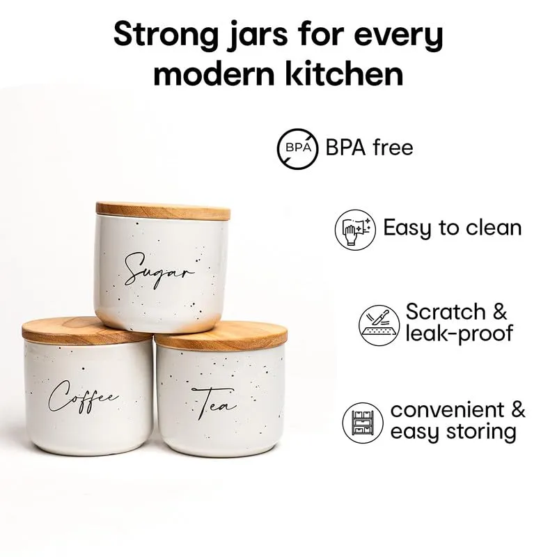 Anko 400ml White Tea Coffee Sugar Stoneware Ceramic Containers Set of 6 | Kitchen Storage Containers Set | Speckled Airtight Container Set for Kitchen