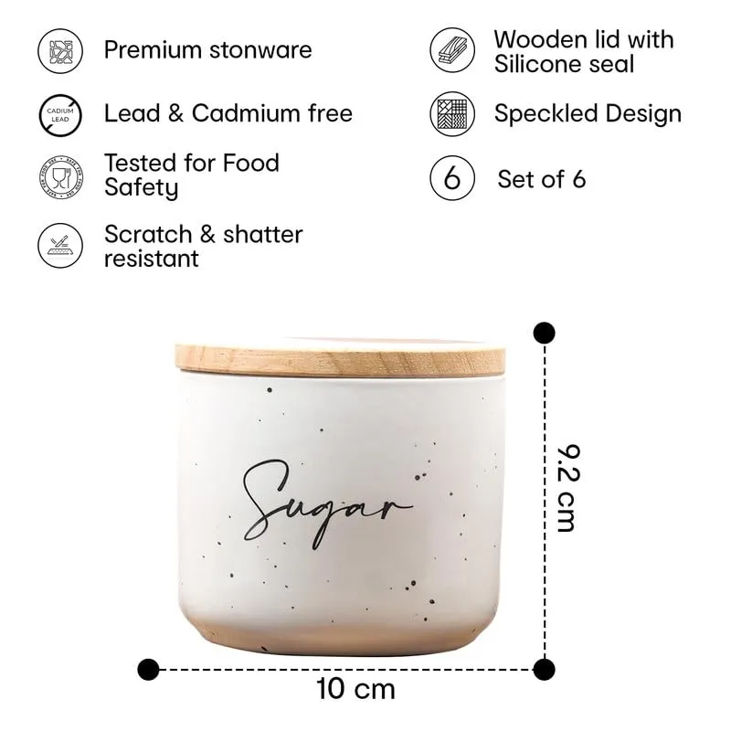 Anko 400ml White Tea Coffee Sugar Stoneware Ceramic Containers Set of 6 | Kitchen Storage Containers Set | Speckled Airtight Container Set for Kitchen