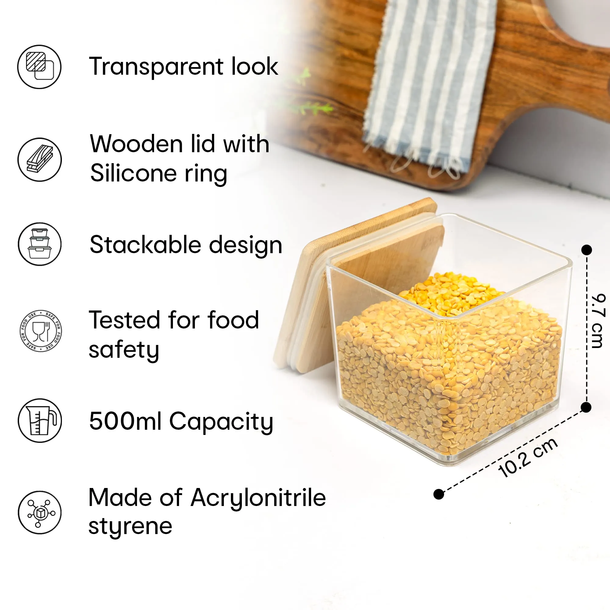 Anko 500 ML Acrylic Airtight Food Storage Container With Bamboo Wood Lid | BPA-free Multi-utility Leak-proof Clear Acrylic Container for Spices, Dried Herbs, Nuts and Other Condiments