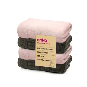 Anko Australia 100% Cotton 700 GSM Plush Hand Towel | Set of 4 | Super-Soft, Absorbent, Quick-Drying | Pink & Dark Grey Towel for Men, Women & Kids | 60x40 cm |Travel, Gym, Spa Towel