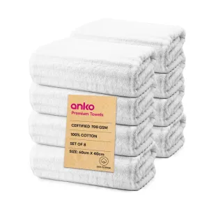 Anko Australia 100% Cotton 700 GSM Ribbed Hand Towel | Set of 8 | Super-Soft, Absorbent, Quick-Drying | White Towel for Men, Women & Kids | 60x40 cm |Travel, Gym, Spa Towel