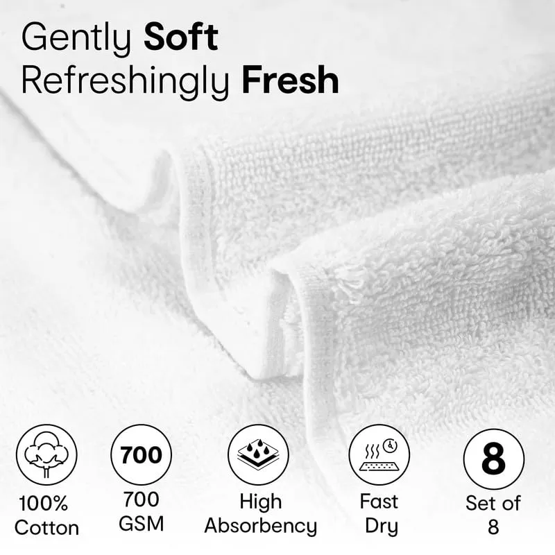 Anko Australia 100% Cotton 700 GSM Ribbed Hand Towel | Set of 8 | Super-Soft, Absorbent, Quick-Drying | White Towel for Men, Women & Kids | 60x40 cm |Travel, Gym, Spa Towel