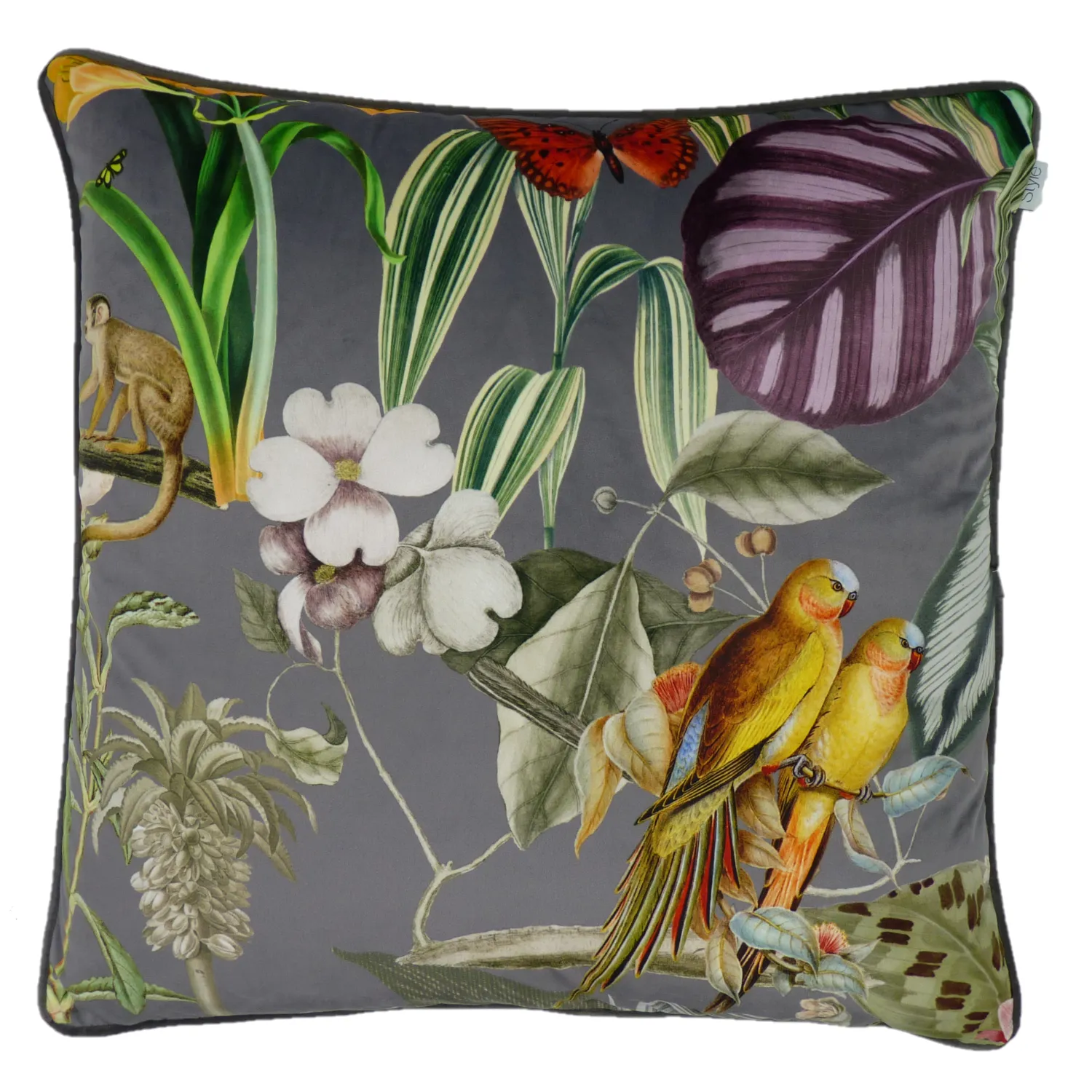 Barbados Grey Dusk Tropical Velvet Cushion Cover (60cm x 60cm)