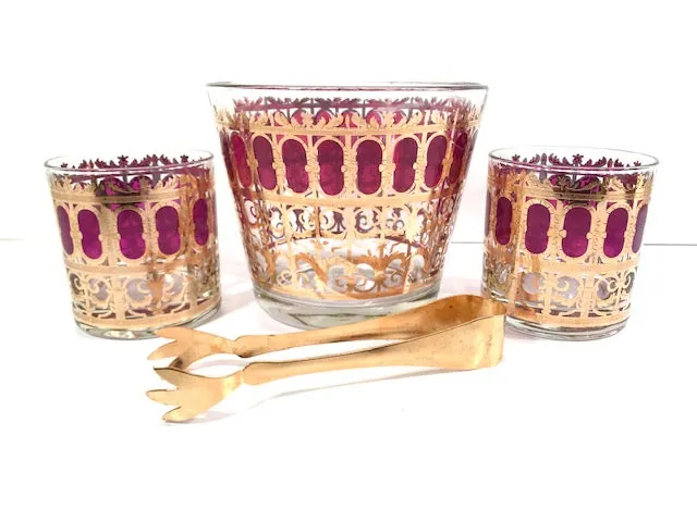 Culver Signed Mid-Century Cranberry Scroll 4-Piece Bar Set