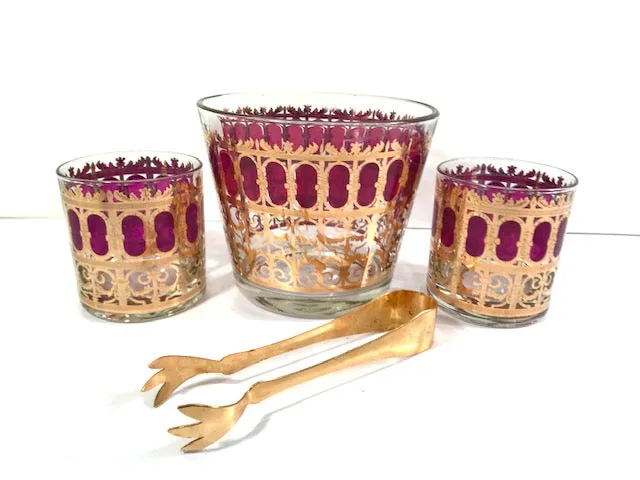 Culver Signed Mid-Century Cranberry Scroll 4-Piece Bar Set