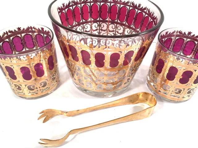 Culver Signed Mid-Century Cranberry Scroll 4-Piece Bar Set