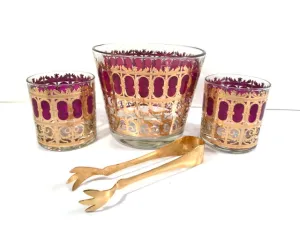 Culver Signed Mid-Century Cranberry Scroll 4-Piece Bar Set