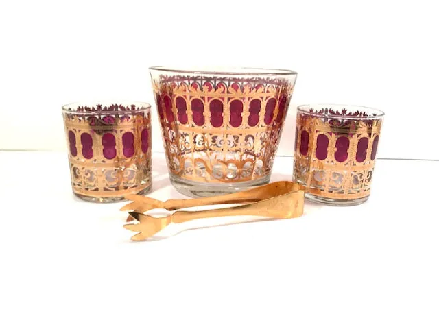 Culver Signed Mid-Century Cranberry Scroll 4-Piece Bar Set