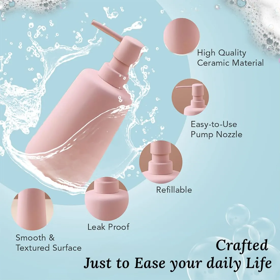 Ekhasa Ceramic Handwash Dispenser Bottle (260ml) (Pink) | Liquid Soap Dispenser for Bathroom, Wash Basin and Kitchen | Bathroom Sanitizer, Lotion, Shampoo Dispenser | Hand Wash Dispensers Pump