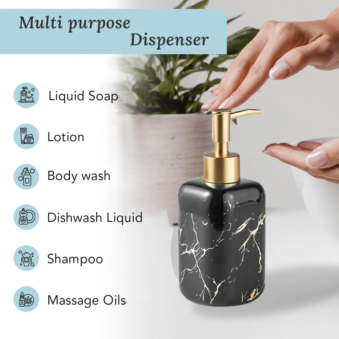 Ekhasa Ceramic Handwash Dispenser Bottle (300 ml) (Black) | Liquid Soap Dispenser for Bathroom, Wash Basin and Kitchen | Bathroom Sanitizer, Lotion, Shampoo Dispenser | Hand Wash Dispensers Pump