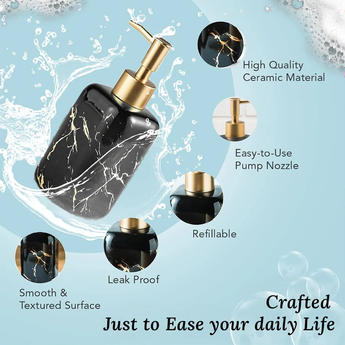 Ekhasa Ceramic Handwash Dispenser Bottle (300 ml, Black, Set of 3) | Liquid Soap Dispenser for Bathroom, Wash Basin & Kitchen | Bathroom Sanitizer, Lotion, Shampoo Dispenser | Hand Wash Dispenser Pump