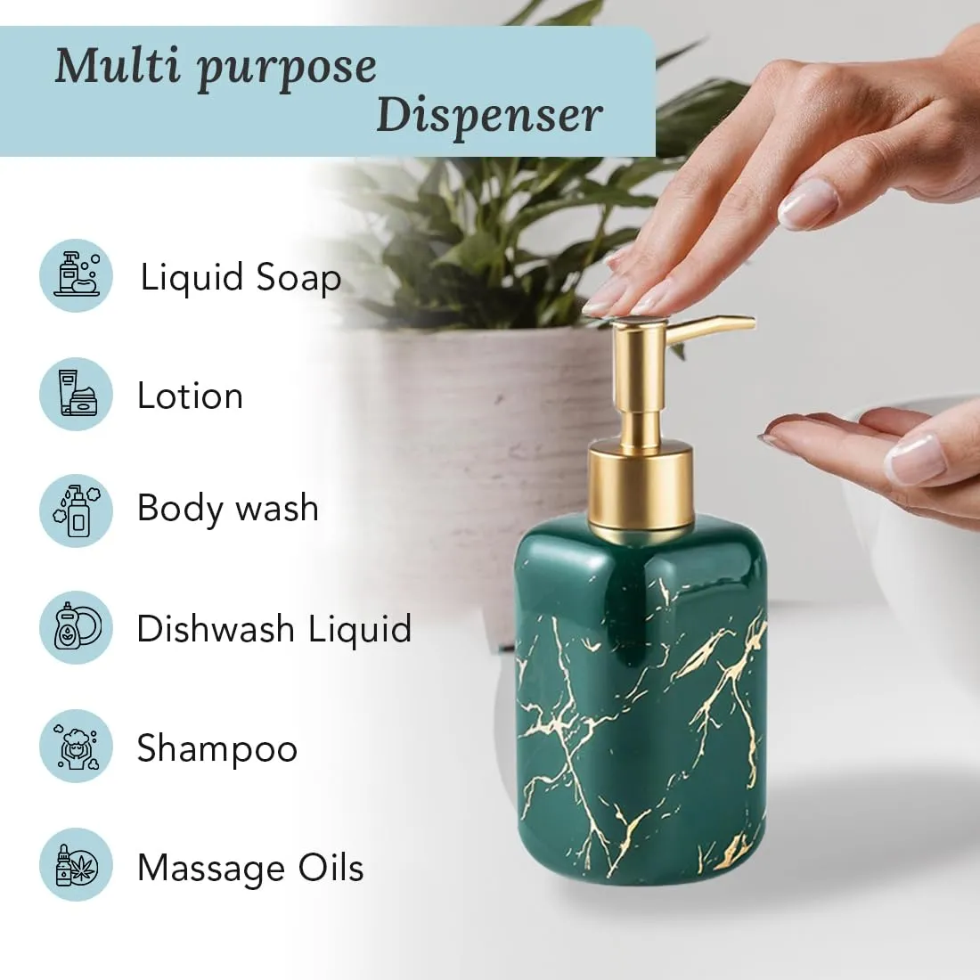 Ekhasa Ceramic Handwash Dispenser Bottle (300 ml, Green, Set of 2) | Liquid Soap Dispenser for Bathroom, Wash Basin & Kitchen | Bathroom Sanitizer, Lotion, Shampoo Dispenser | Hand Wash Dispenser Pump