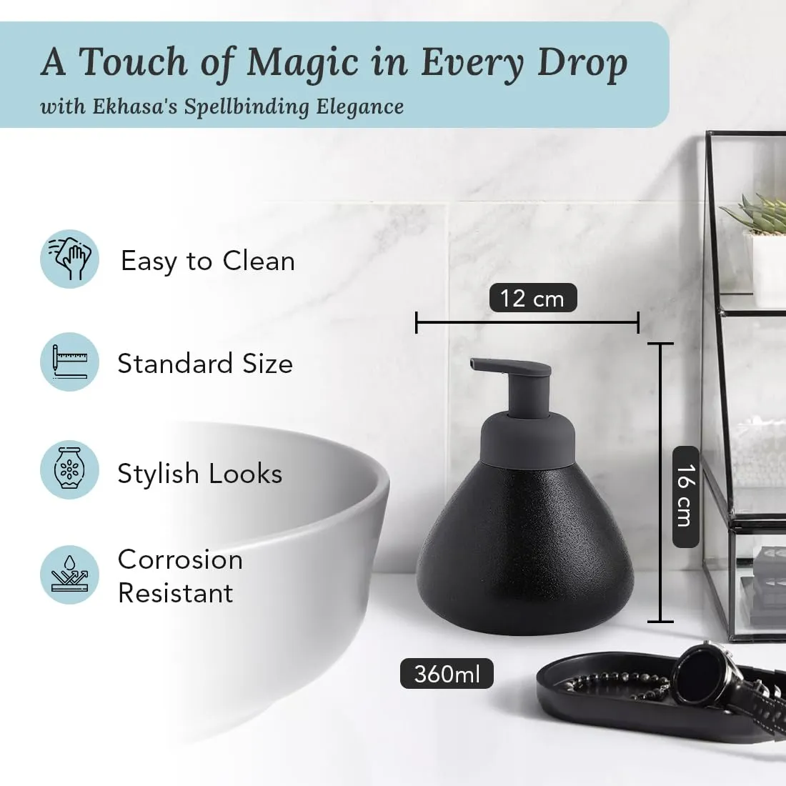 Ekhasa Ceramic Handwash Dispenser Bottle (360 ml) (Black) | Liquid Foam Dispenser for Bathroom, Wash Basin and Kitchen | Bathroom Sanitizer, Lotion, Shampoo, Soap Dispenser | Hand Wash Dispensers Pump