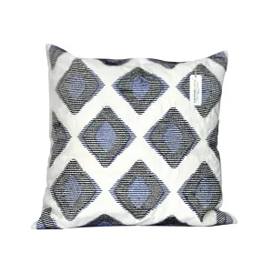 Embroidered Cushion - 100% Cotton Canvas, 45x45cm |  Blue Rhombus Pattern | Cotton Home