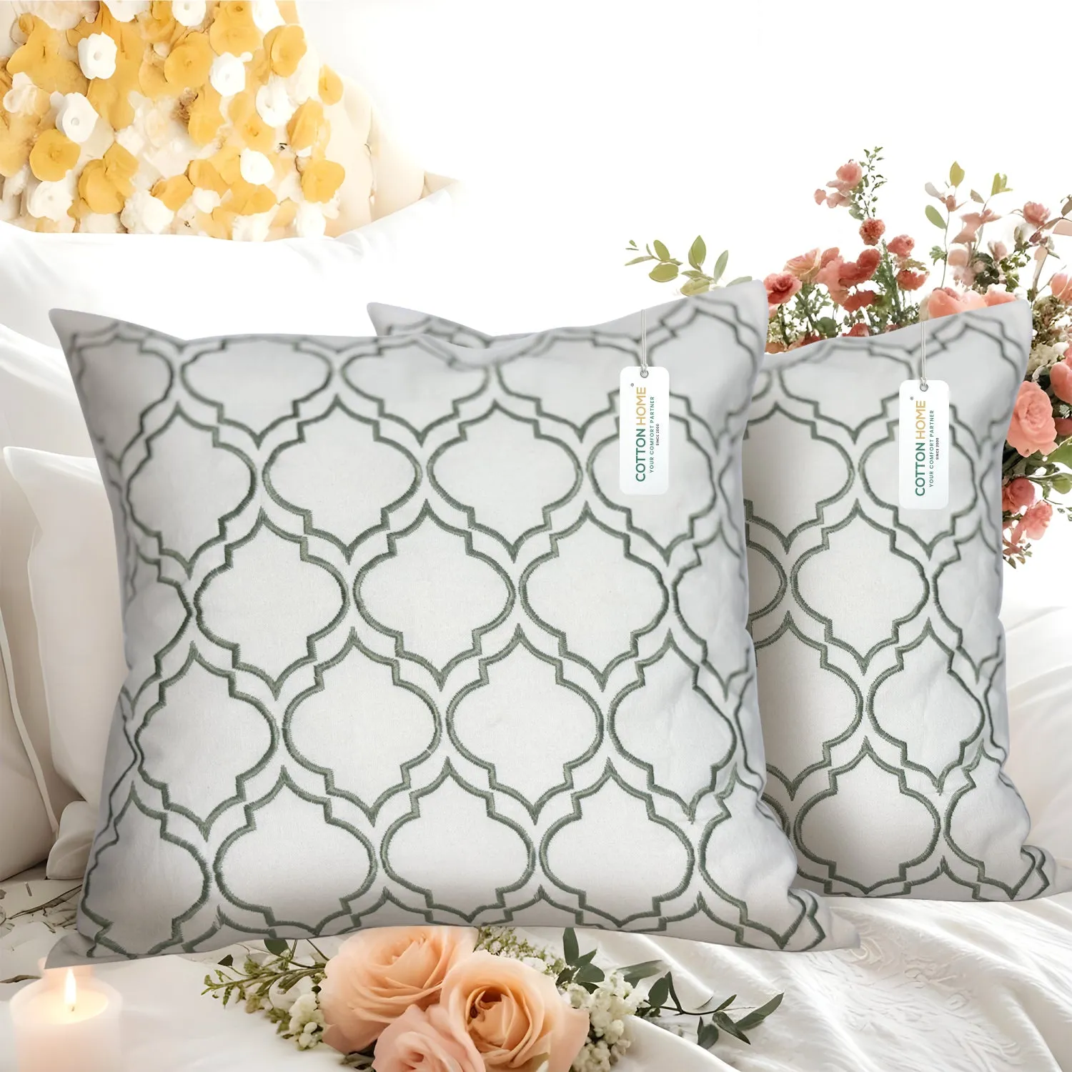 Embroidered Cushion - 100% Cotton Canvas, 45x45cm |  Green Modern Quatrefoil Geometric | Cotton Home