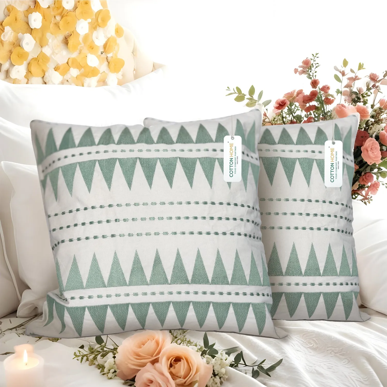 Embroidered Cushion - 100% Cotton Canvas, 45x45cm |  Green Triangle Pattern | Cotton Home