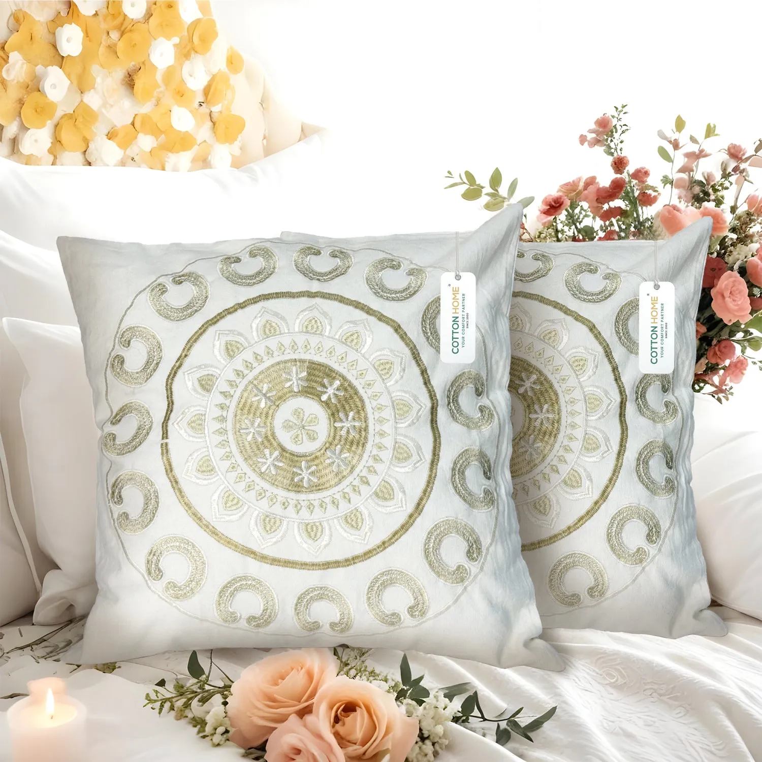 Embroidered Cushion - 100% Cotton Canvas, 45x45cm |  Ivory Floral Pattern |  Set of 2  | Cotton Home