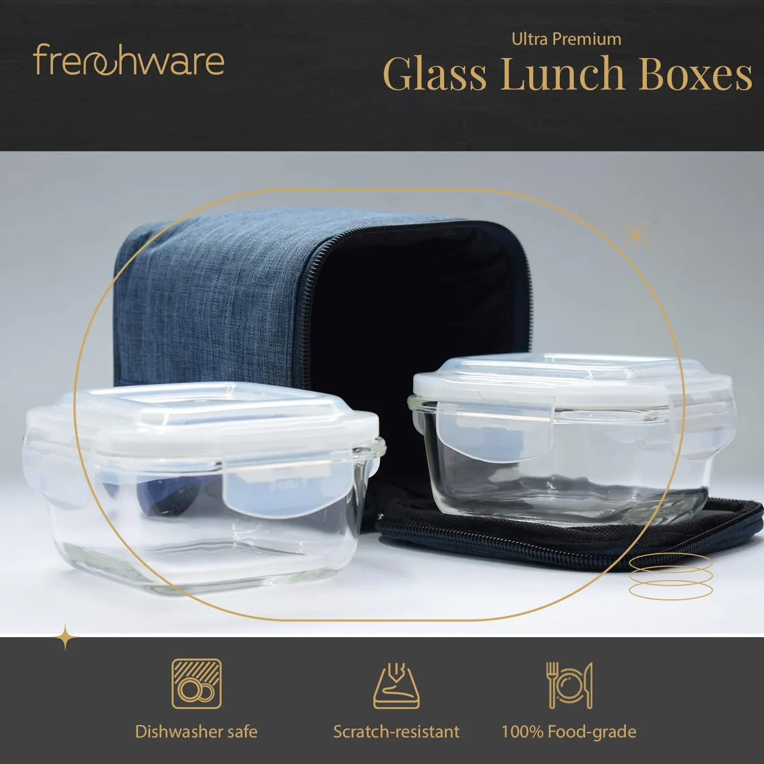 Frenchware Glass Lunch Boxes with 2 Containers of 350ml Each & Transparent Lids, 100% Food-Grade, Airtight, Leak & Spill-Proof, Dishwasher Safe, Temperature Resistance Up to 400°C, Scratch-Resistant