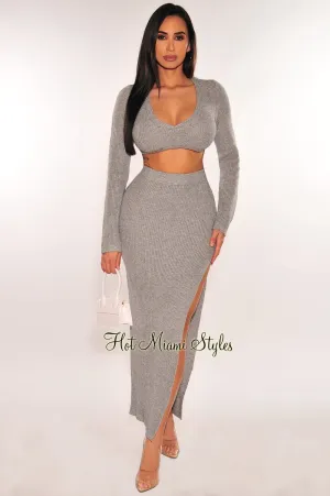 Gray Ribbed Knit Long Sleeve Slit Skirt Two Piece Set