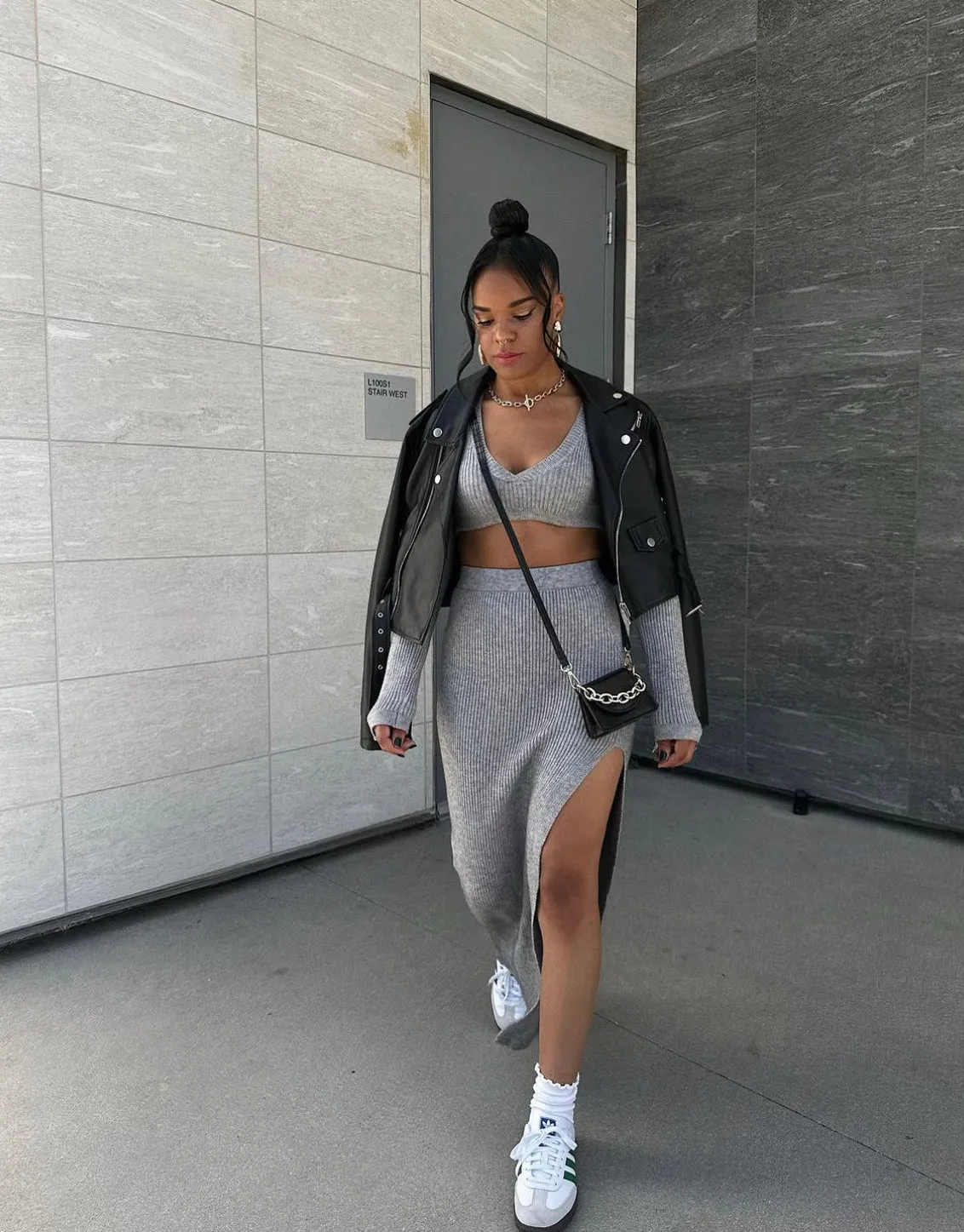 Gray Ribbed Knit Long Sleeve Slit Skirt Two Piece Set