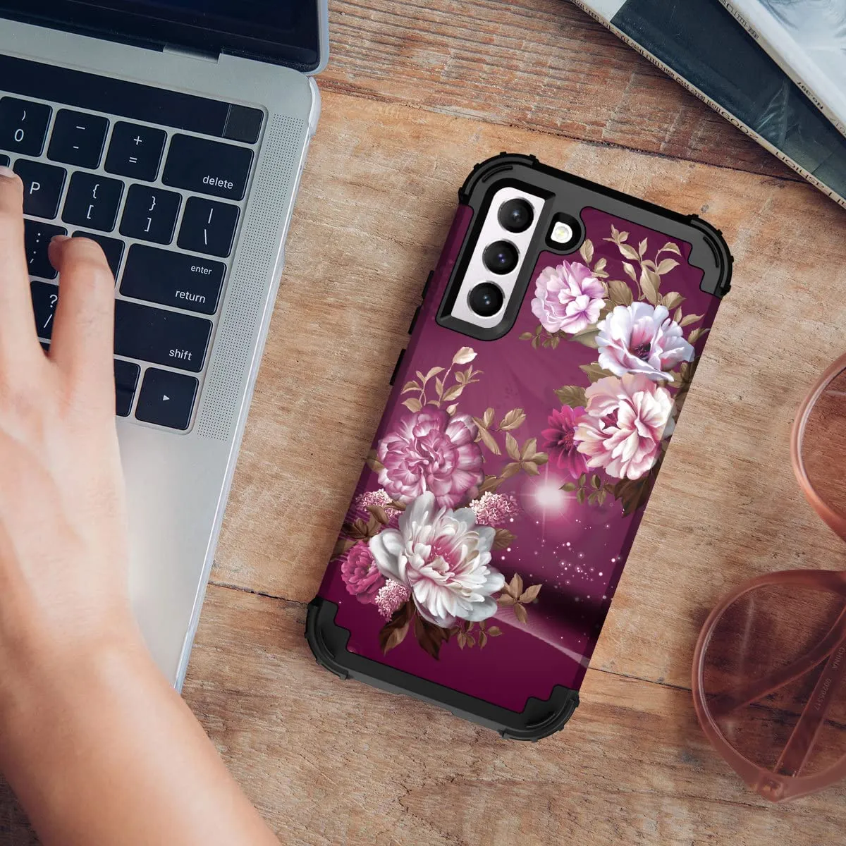 Hocase Galaxy S22 Plus Case, Heavy Duty Shockproof Soft Burgundy Flowers