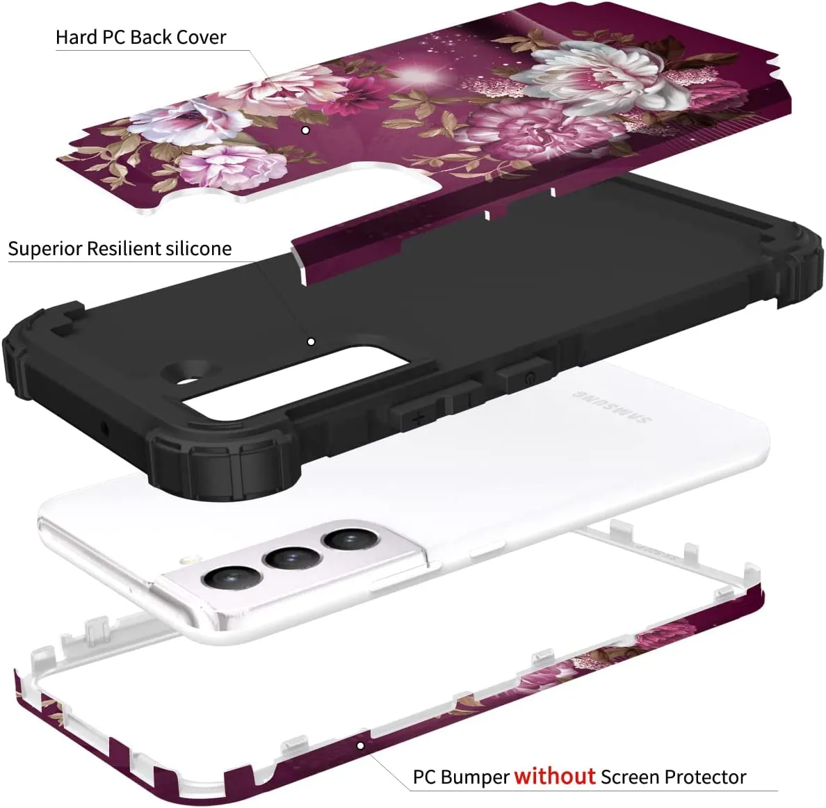 Hocase Galaxy S22 Plus Case, Heavy Duty Shockproof Soft Burgundy Flowers