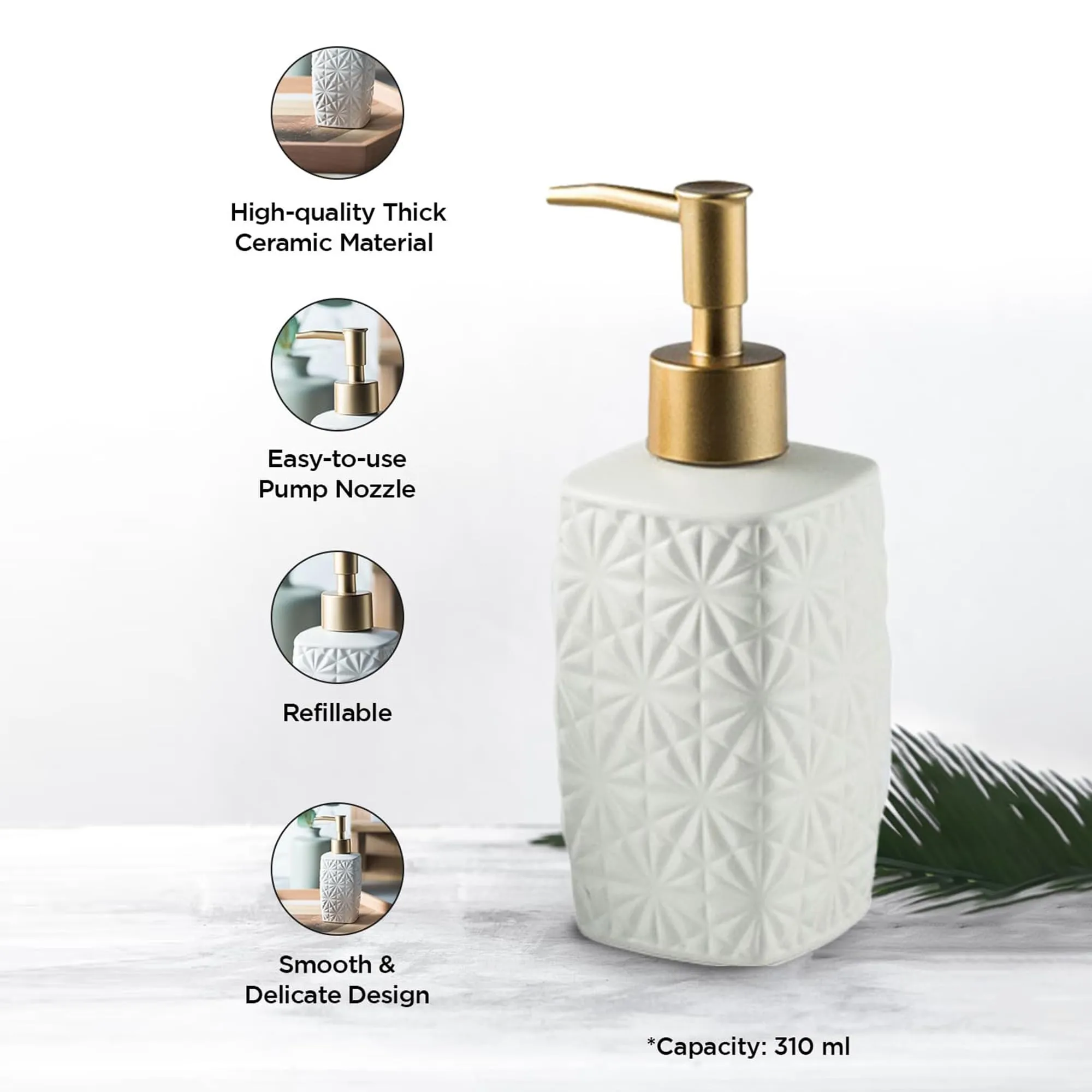 Homestic Liquid Soap Dispenser | Stoneware | Bathroom Sanitizer, Shampoo Dispenser | Ceramic Handwash Bottle for Kitchen | Soap Dispenser for Wash Basin | Bathroom Accessories | 310ml (White)