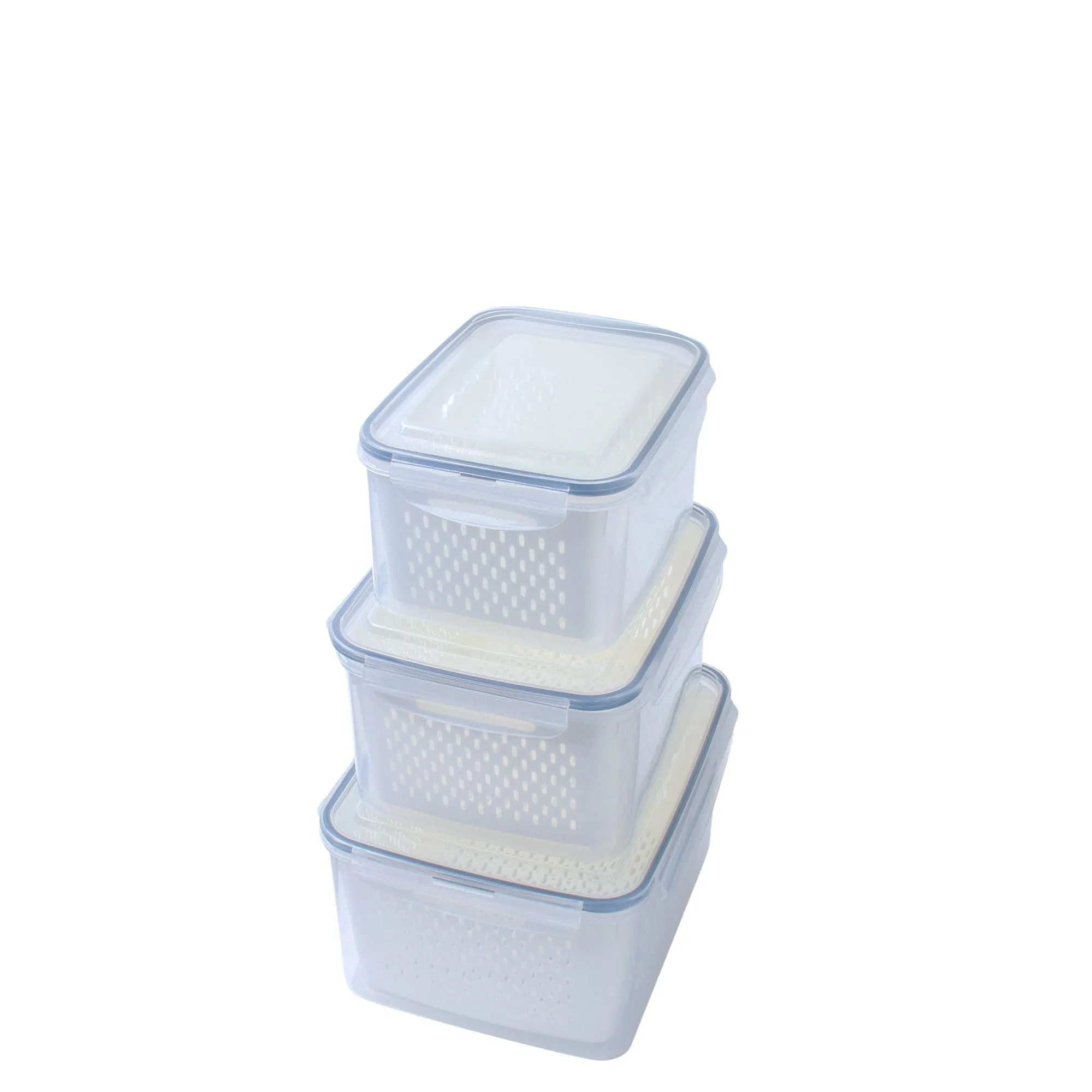 Homestic ( Pack of 3 Food Containers | Storage Box for Fridge | Vegetable Fruit Boxes | Refrigerator Storage Box | Containers With Airtight Lid | Strainer Basket | HXP00284 | Transparent