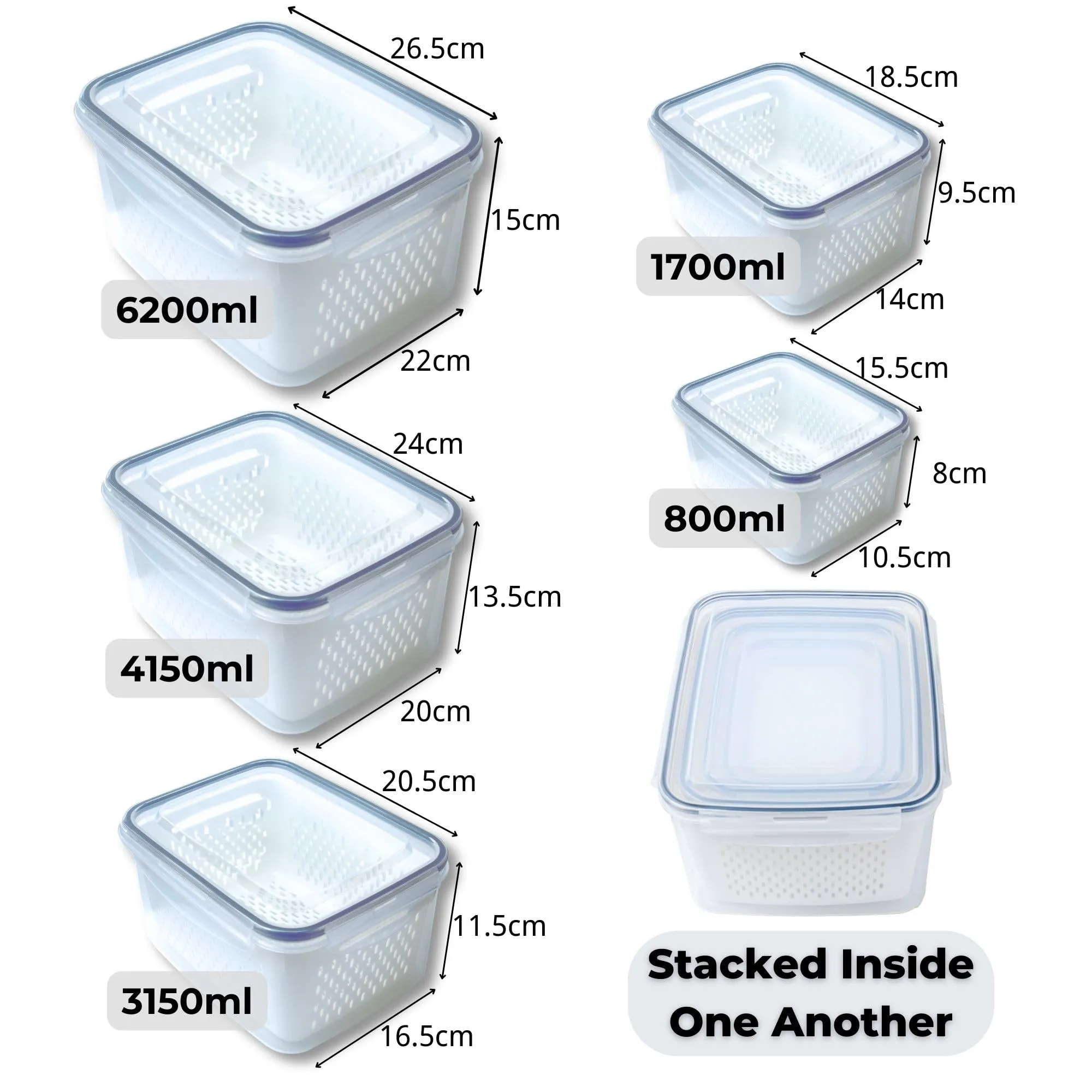 Homestic ( Pack of 3 Food Containers | Storage Box for Fridge | Vegetable Fruit Boxes | Refrigerator Storage Box | Containers With Airtight Lid | Strainer Basket | HXP00284 | Transparent