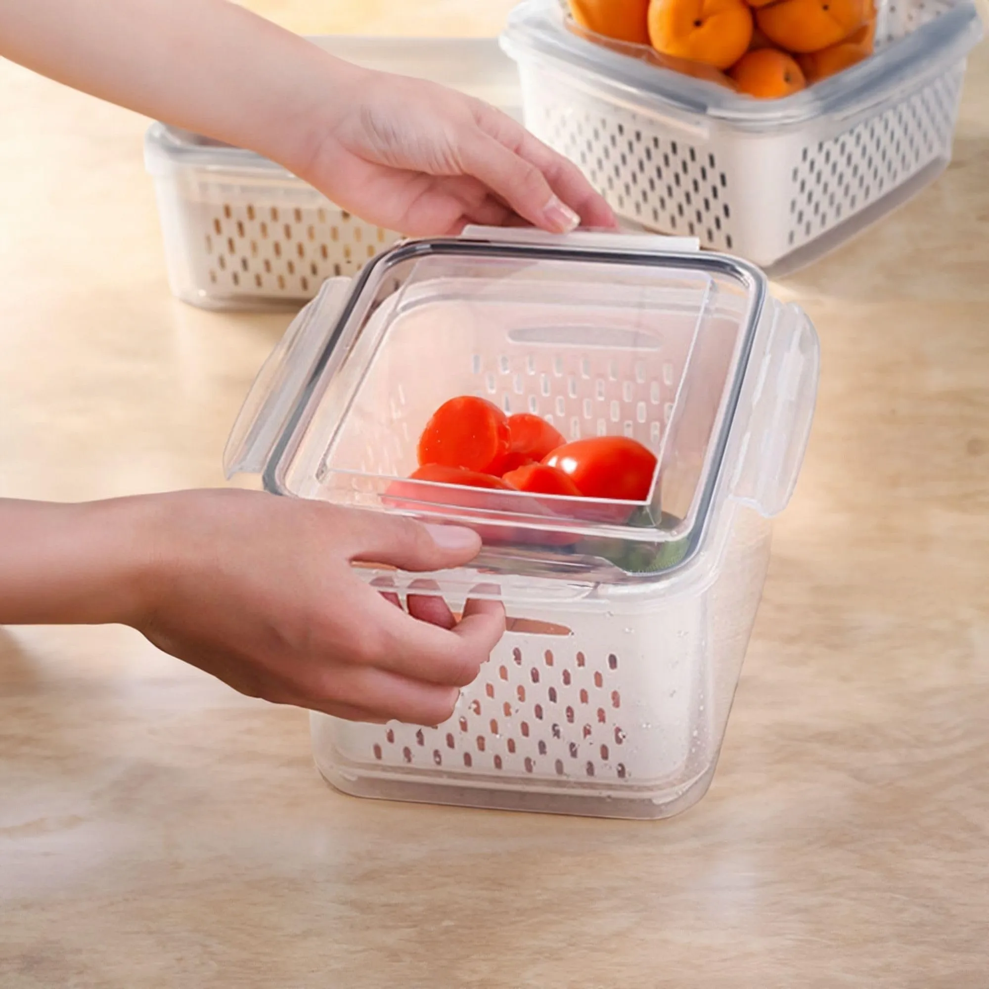 Homestic ( Pack of 3 Food Containers | Storage Box for Fridge | Vegetable Fruit Boxes | Refrigerator Storage Box | Containers With Airtight Lid | Strainer Basket | HXP00284 | Transparent