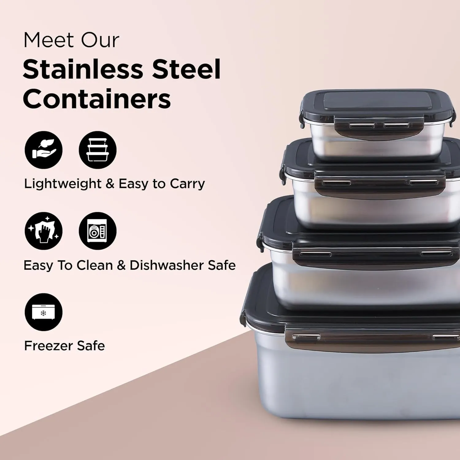 Homestic Stainless Steel Kitchen Containers With Lid Set of 4-400ml, 600ml, 1600ml & 3500ml | Multipurpose Air Tight Food Storage Containers And Lunch Boxes For Office, School, College