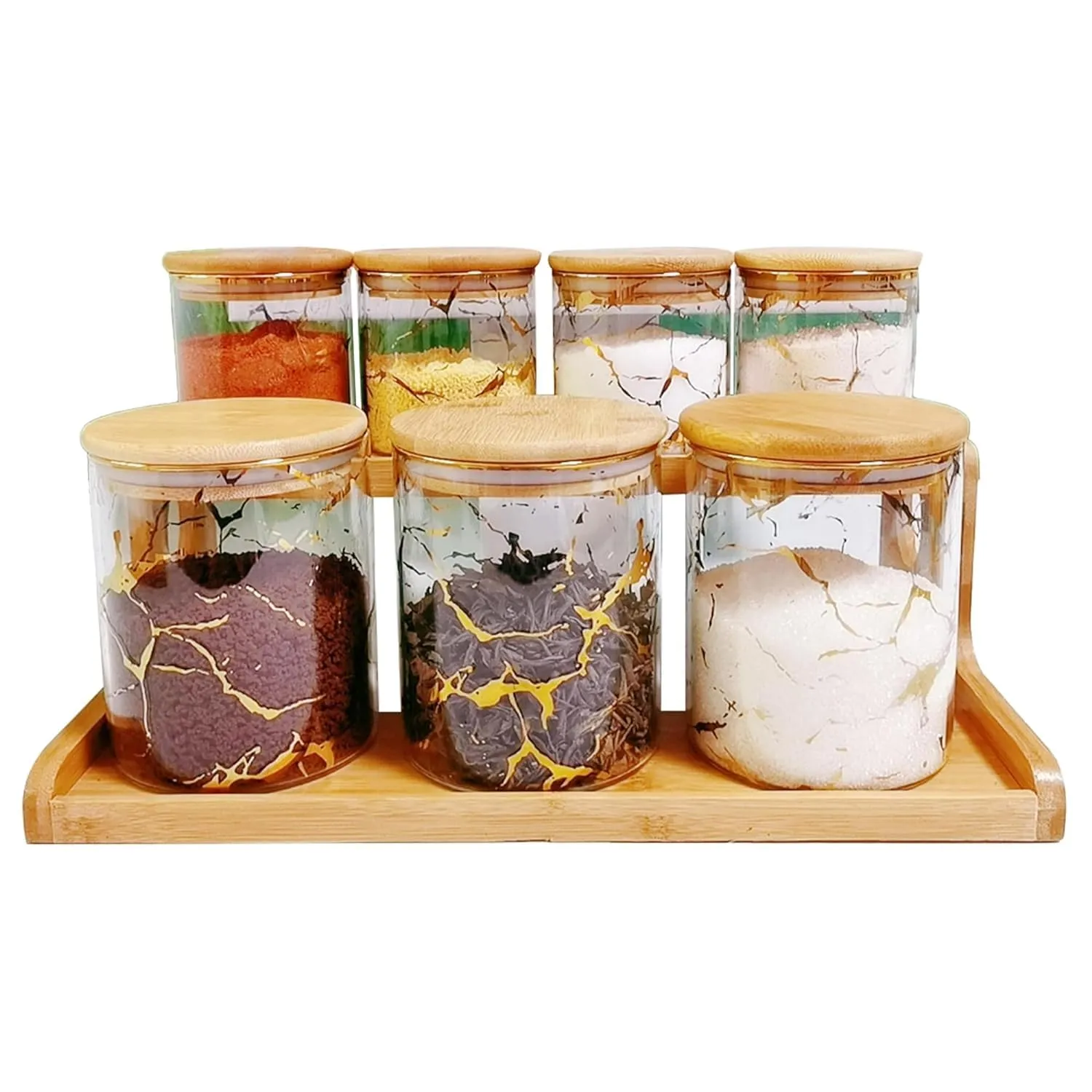 Kuber Industries Borosilicate Glass Containers with Bamboo Lid and Stand|Kitchen Organizer Items and Storage|Multipurpose Airtight Containers|7 Pieces Kitchen Containers Set (4 X 350ml, 3 X 850ml)