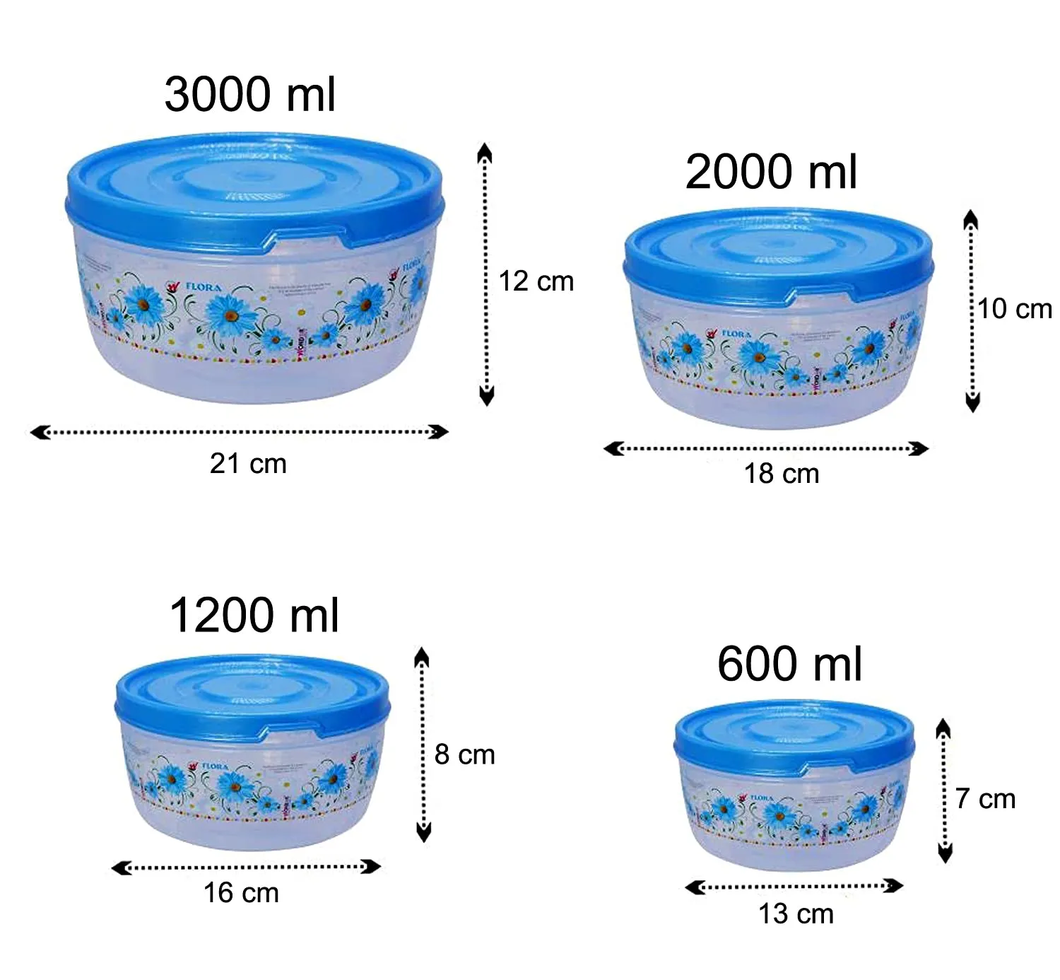 Kuber Industries Floral Microwave Safe Transparent Plastic Food Storage Containers Kitchen Containers with Airtight Lid, Set of 4 (Blue), Standard (HS39KUBMART022305)