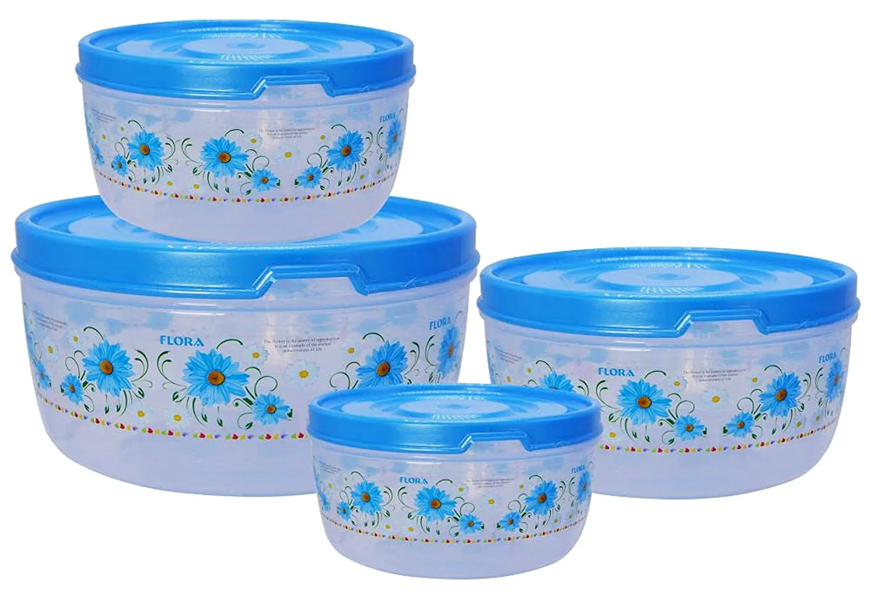 Kuber Industries Floral Microwave Safe Transparent Plastic Food Storage Containers Kitchen Containers with Airtight Lid, Set of 4 (Blue), Standard (HS39KUBMART022305)