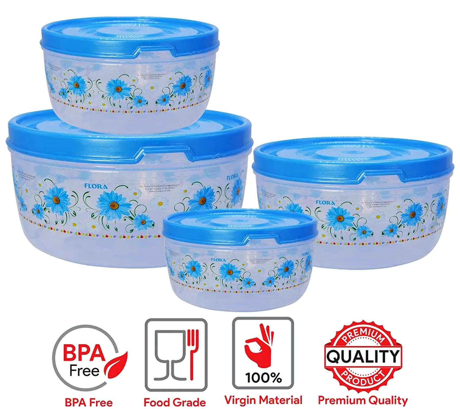 Kuber Industries Floral Microwave Safe Transparent Plastic Food Storage Containers Kitchen Containers with Airtight Lid, Set of 4 (Blue), Standard (HS39KUBMART022305)