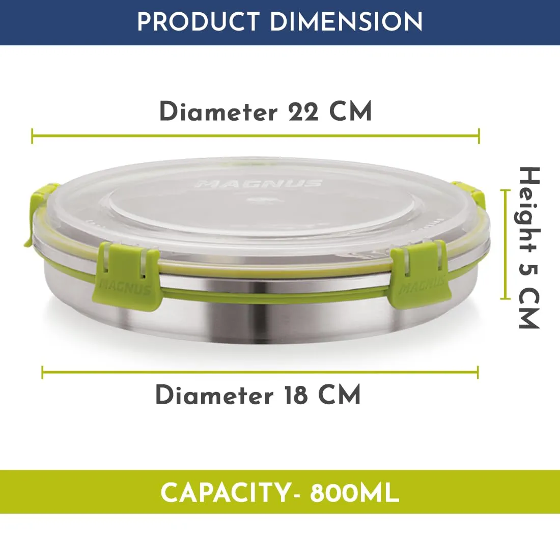 Magnus Klip Lock Stainless Steel Airtight Leakproof Storage Container Set - 800 ML Each, Set of 3 - Premium Kitchen Accessories Items, Ideal Lunch Box, Perfect Lunch Boxes for Office Men