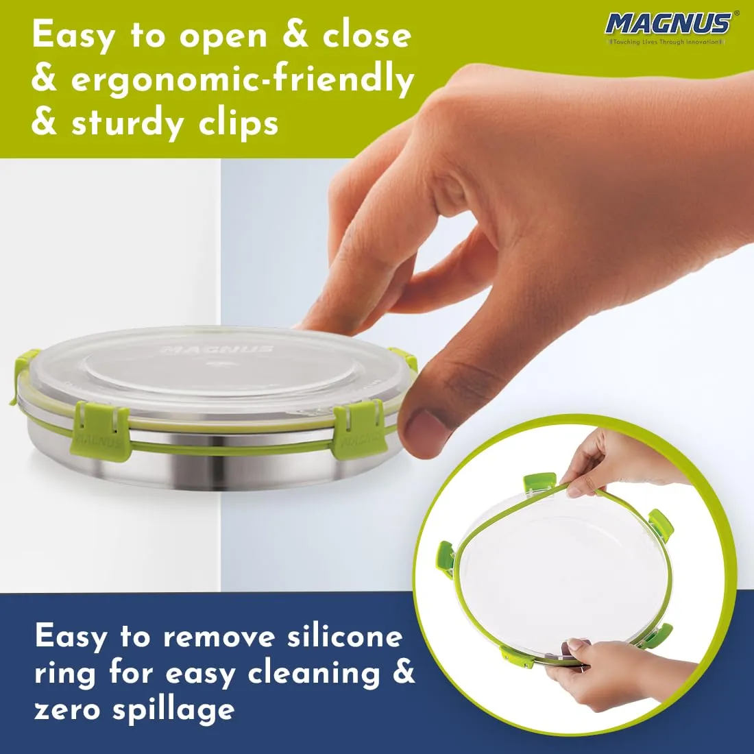 Magnus Klip Lock Stainless Steel Airtight Leakproof Storage Container Set - 800 ML Each, Set of 3 - Premium Kitchen Accessories Items, Ideal Lunch Box, Perfect Lunch Boxes for Office Men