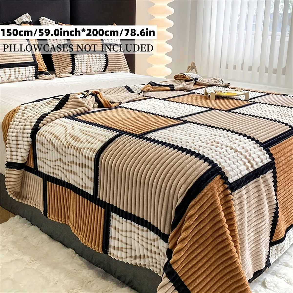 Minimalist Striped Plaid Print Long Plush Blanket  Soft  Versatile