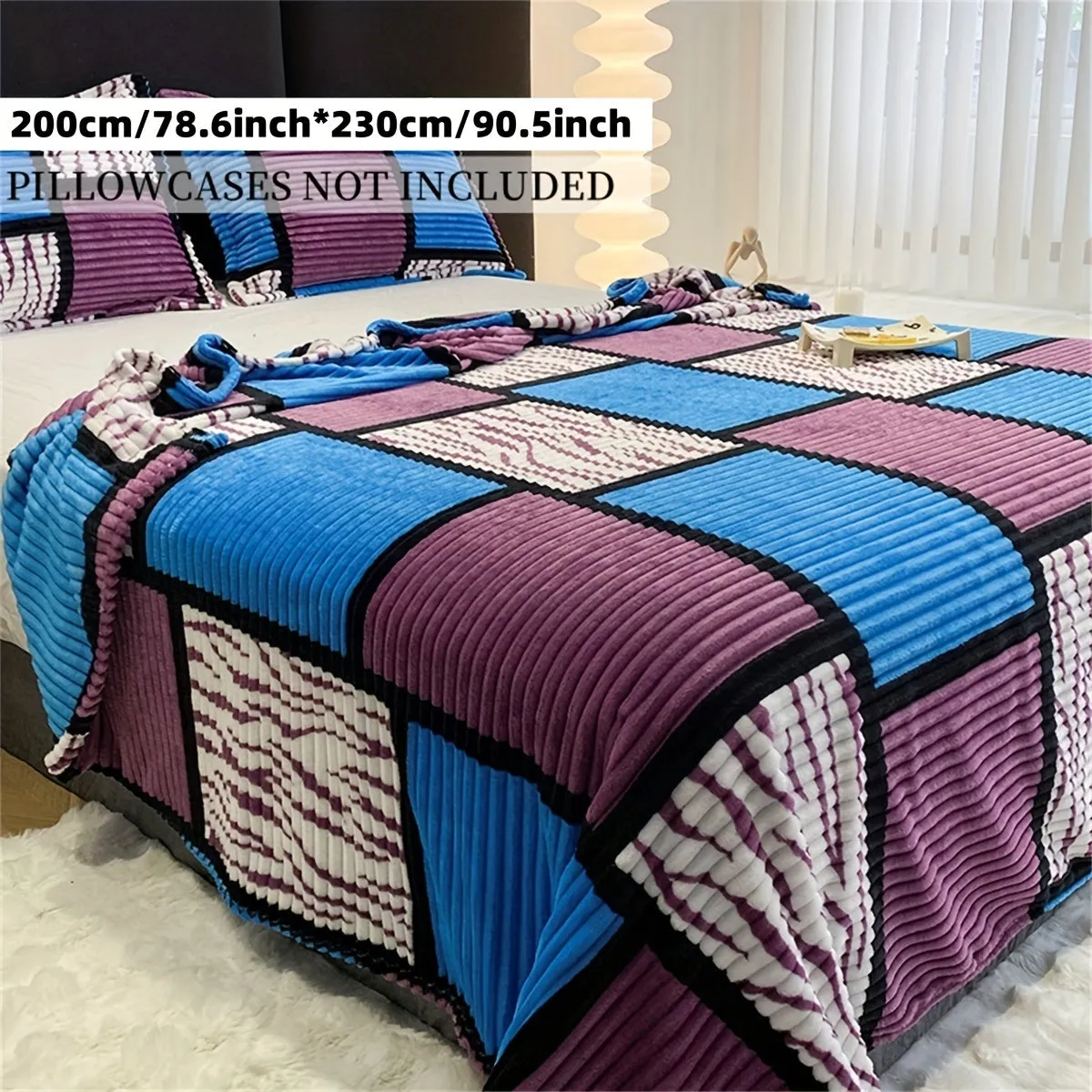 Minimalist Striped Plaid Print Long Plush Blanket  Soft  Versatile