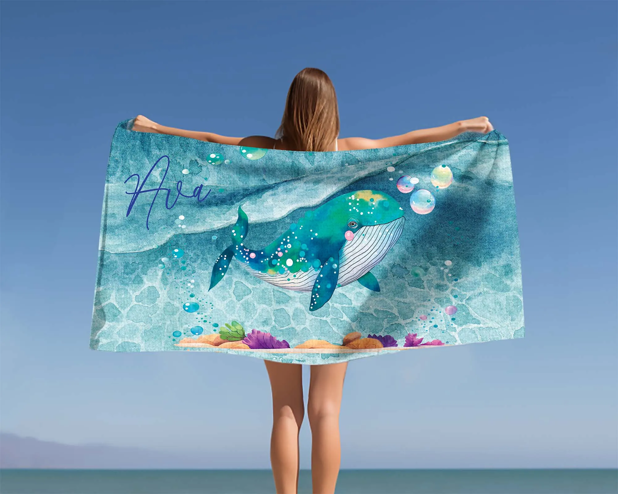 Personalised Beach Towel, Whale, Polycotton Towel