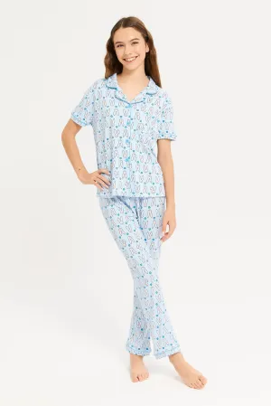 Senior Girls Blue Printed Shirt Pyjama Set (2 Piece)