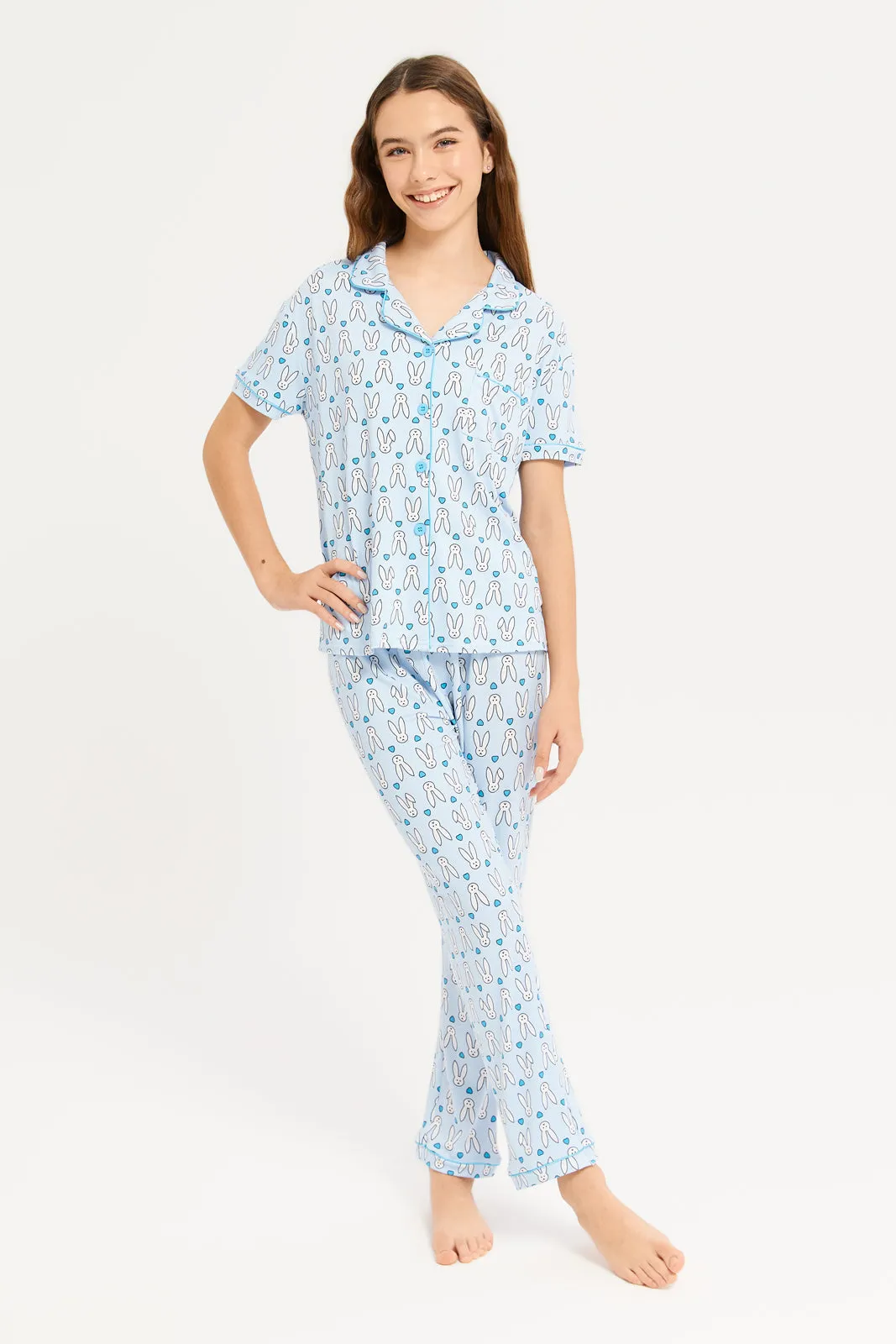 Senior Girls Blue Printed Shirt Pyjama Set (2 Piece)