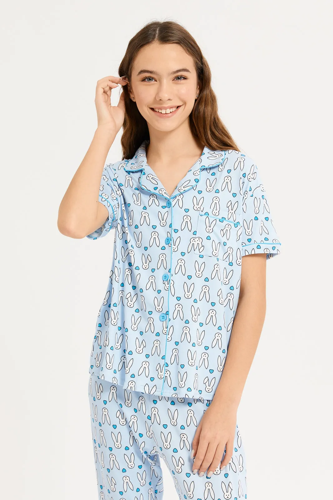 Senior Girls Blue Printed Shirt Pyjama Set (2 Piece)