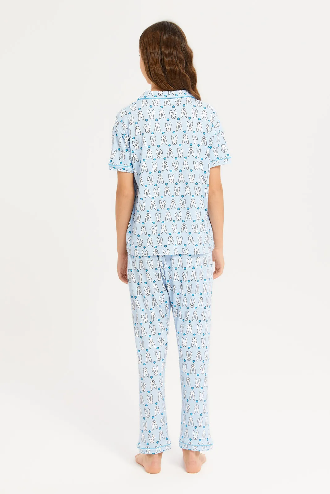 Senior Girls Blue Printed Shirt Pyjama Set (2 Piece)