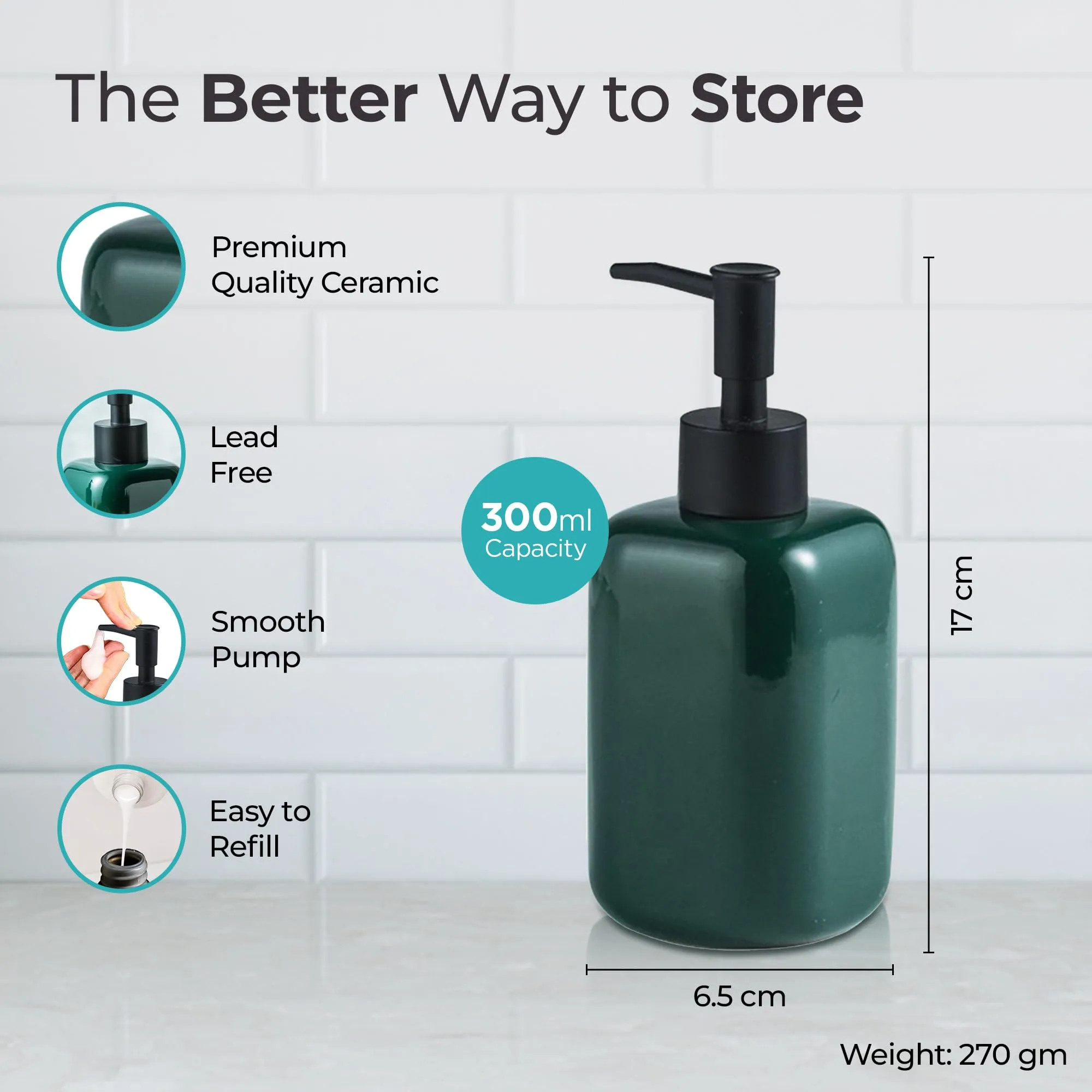 The Better Home 300ML Ceramic Soap Dispenser for Bathroom | Handwash Dispenser | Liquid Soap Dispenser for Kitchen | Bathroom Accessories | Hand Wash Dispensers Pump | Green